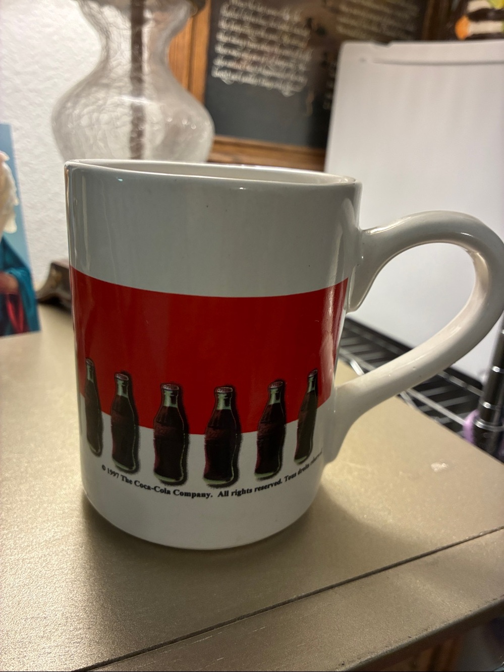 Coca Cola White Ceramic Mug with Red Logo and Bottle Graphic by Gibson 1997